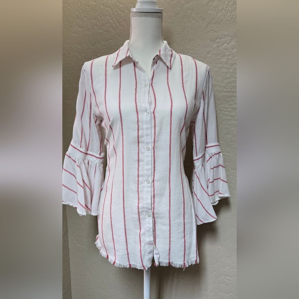Marc New York White w/Red Striped Button Blouse with Bell Sleeves. Size S-M